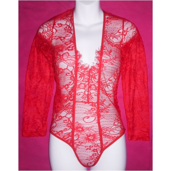 Red Sheer Lace Long Sleeve Bodysuit Romper - Picture 2 of 7